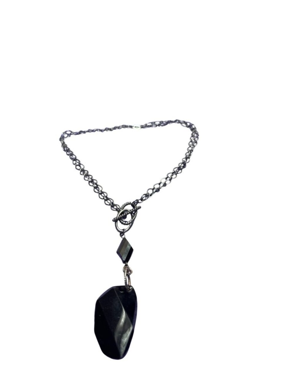 Double Gunmetal Chain Necklace Front Toggle Clasp Black Faceted Beaded Pendant